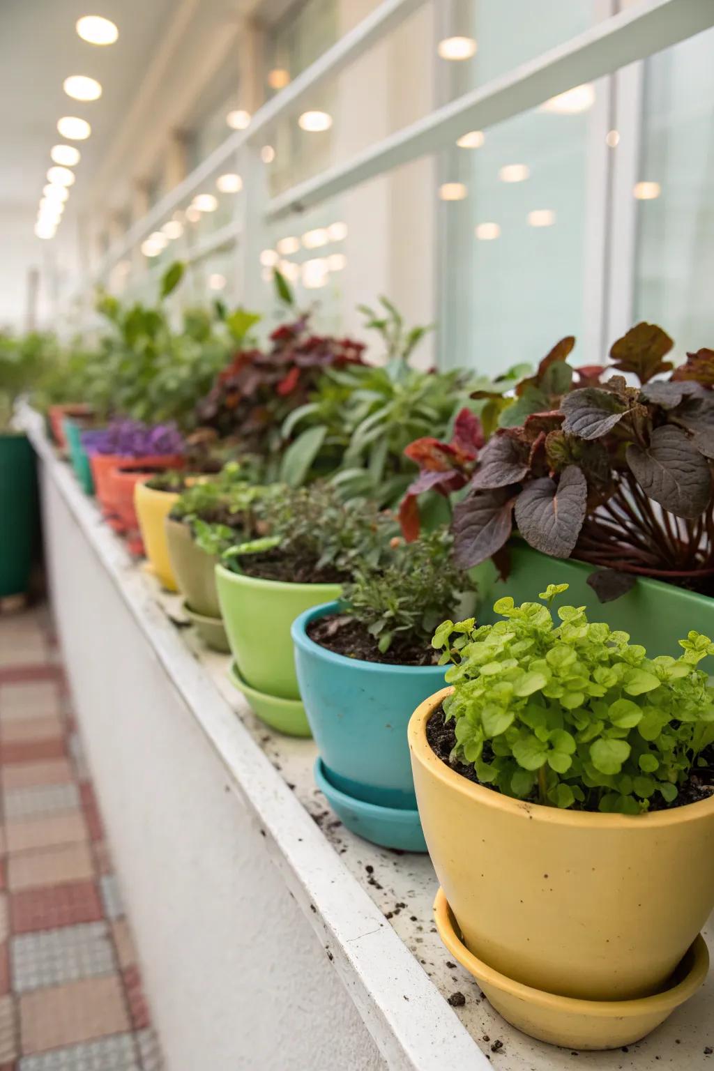 Brilliant stoneware vessels contribute a spirited nuance to this botanical ledge.