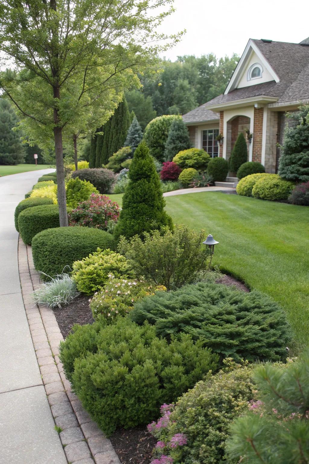 Varying shrub heights create a layered look in the front yard.
