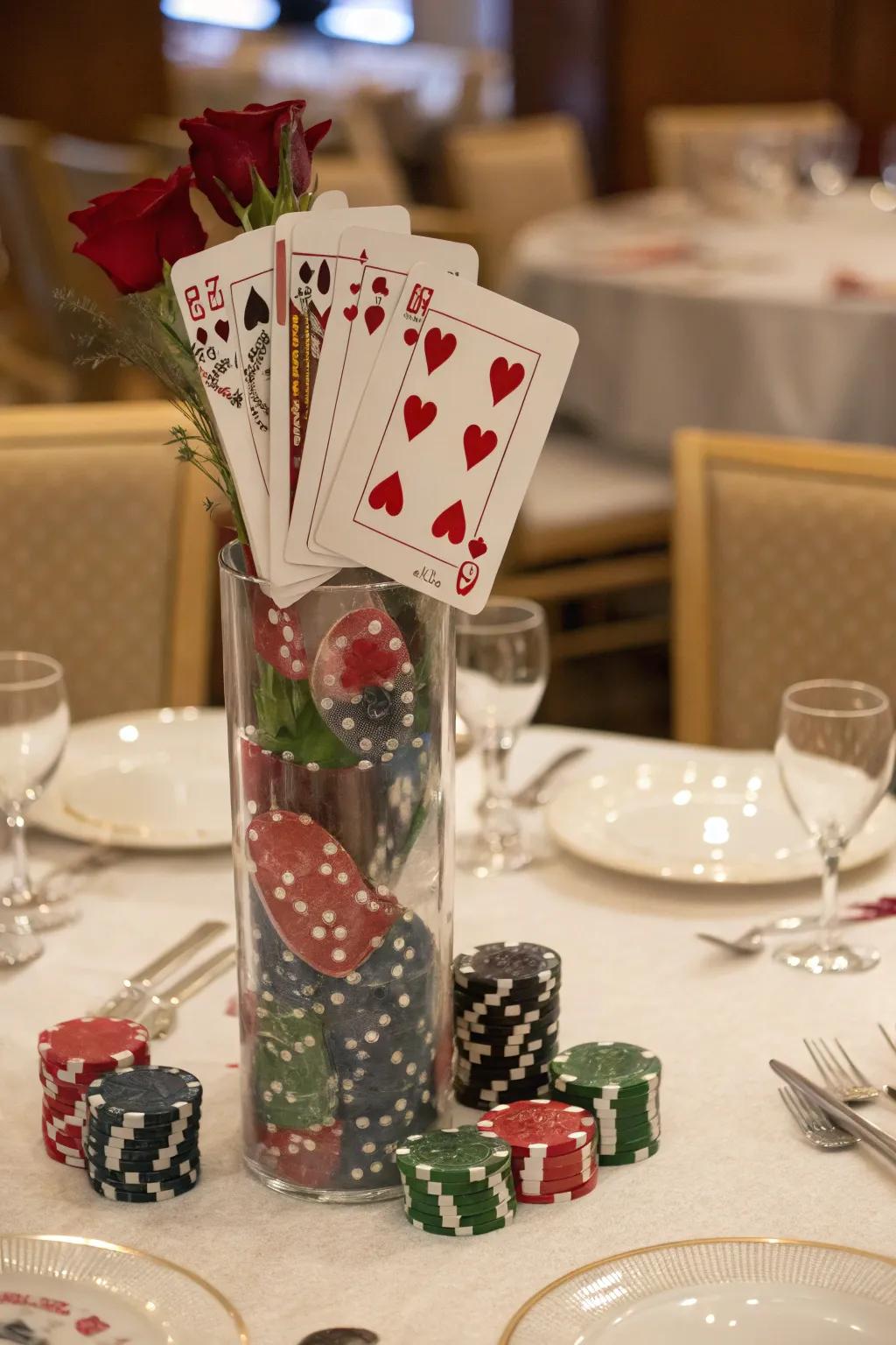 A remarkable tablepiece that emphasizes the poker motif prominently.