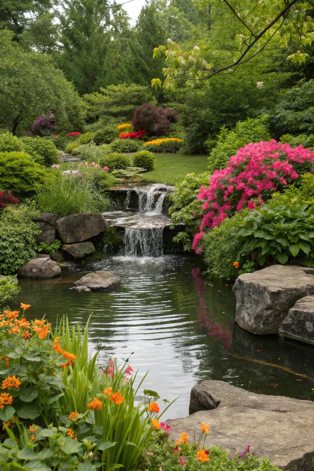 A pond featuring a cascading waterfall, delivering calming sounds and striking visual appeal.