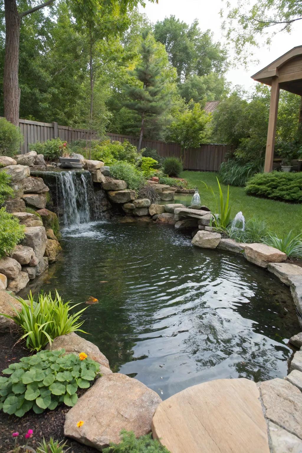 A serene backyard featuring a gentle waterfall elegantly spilling into a pond.