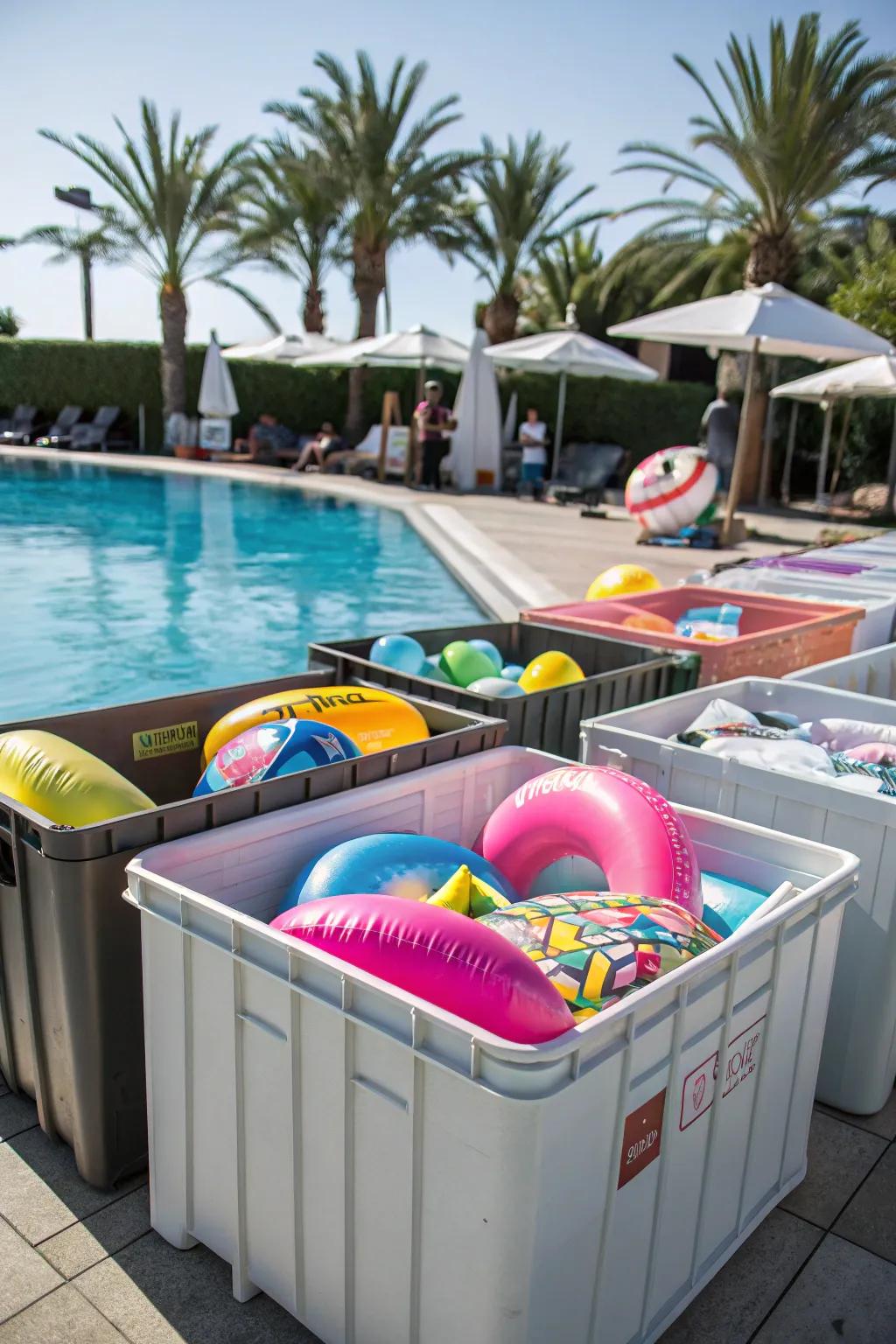 Sizeable storage bins preserving pool floats neatly and dry.