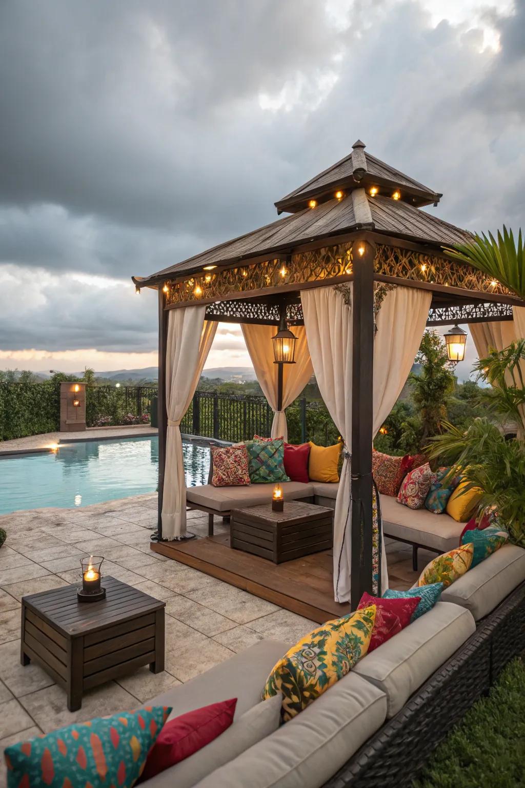 A cozy lounge spot is perfect for resting by the pool.