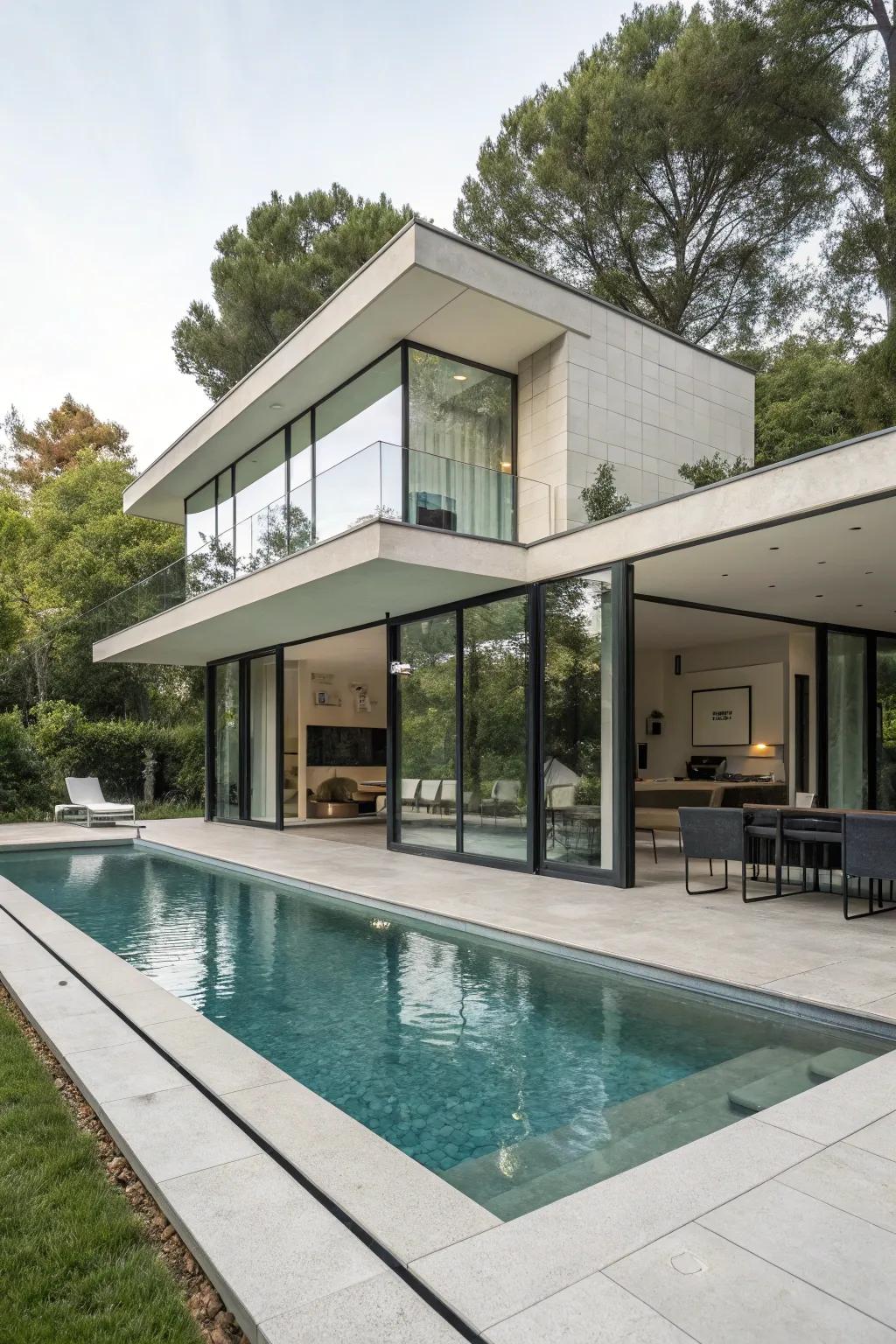 A modern pool house demonstrating streamlined and sophisticated design principles.