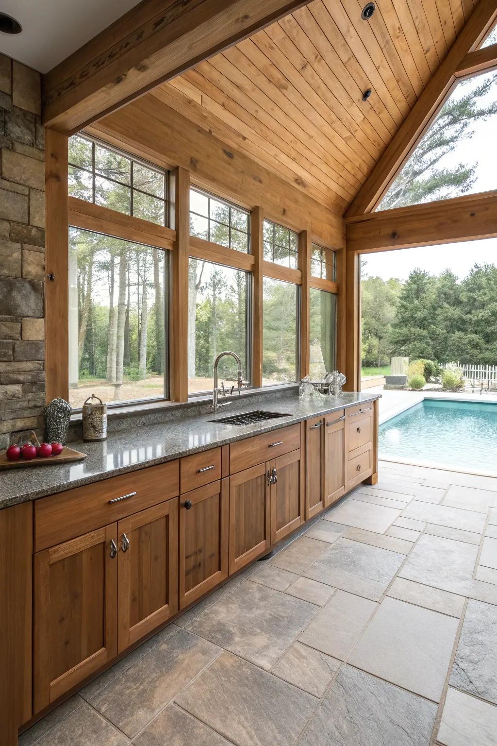 Raw elements bring warmth to a pool house kitchenette.