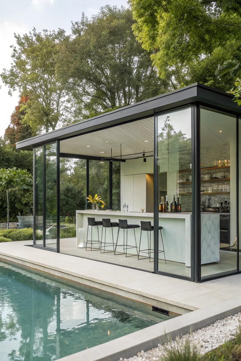 A contemporary glass structure pool house conveys a striking impression.