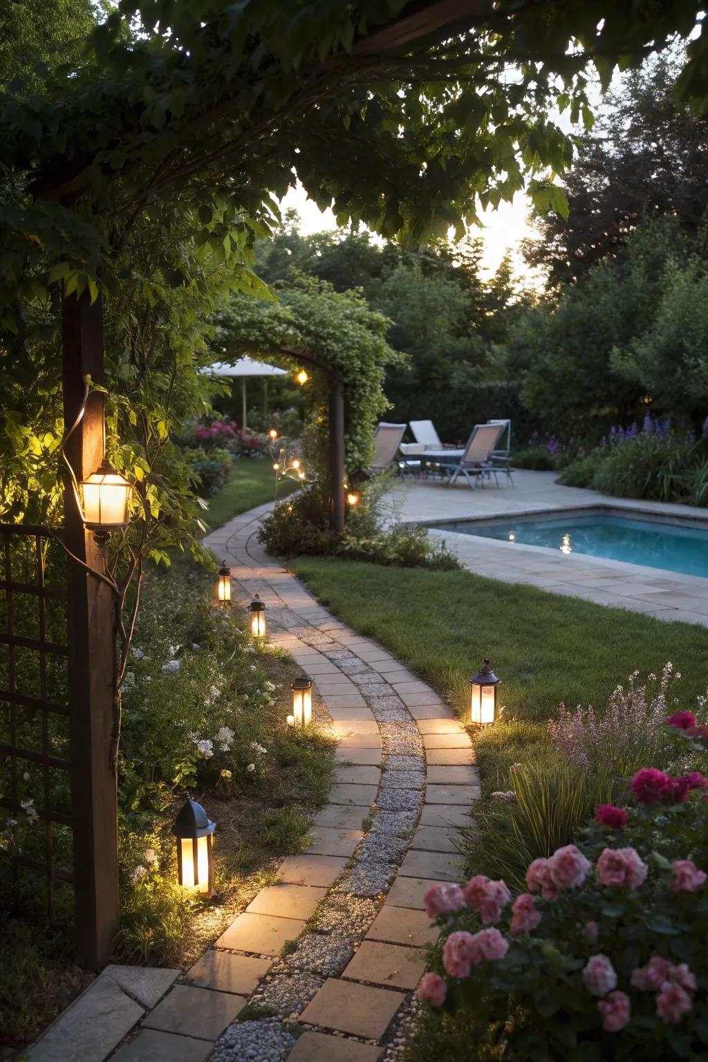 Path lights thoughtfully direct you toward your personal pool retreat.
