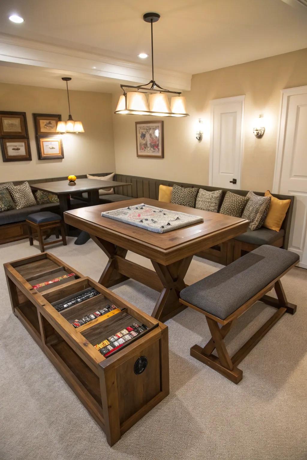 Multi-functional furniture adds practicality and style to a small pool table room.