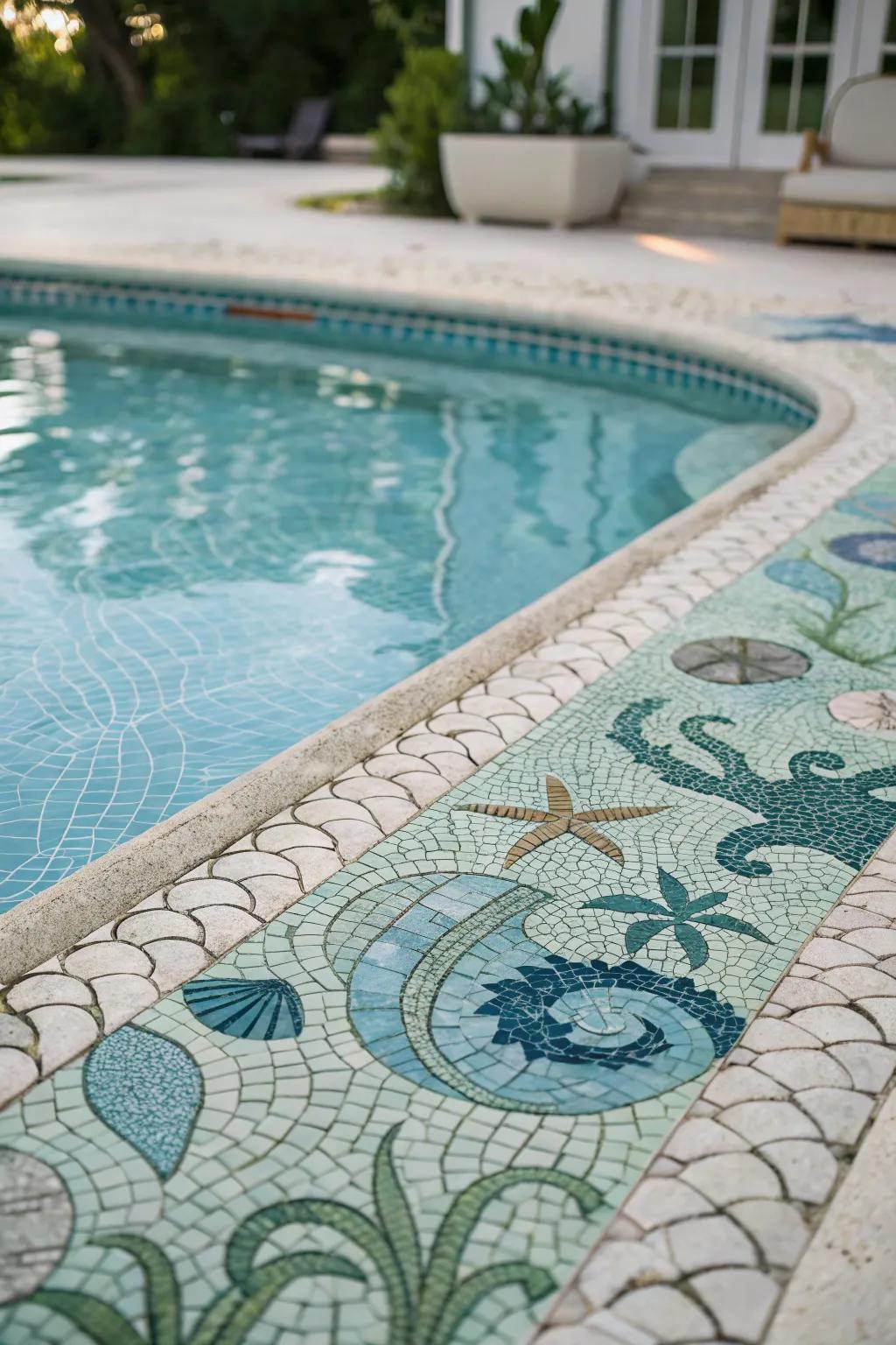 Mosaic surfaces infuse a touch of charm with their detailed, ocean-inspired designs.