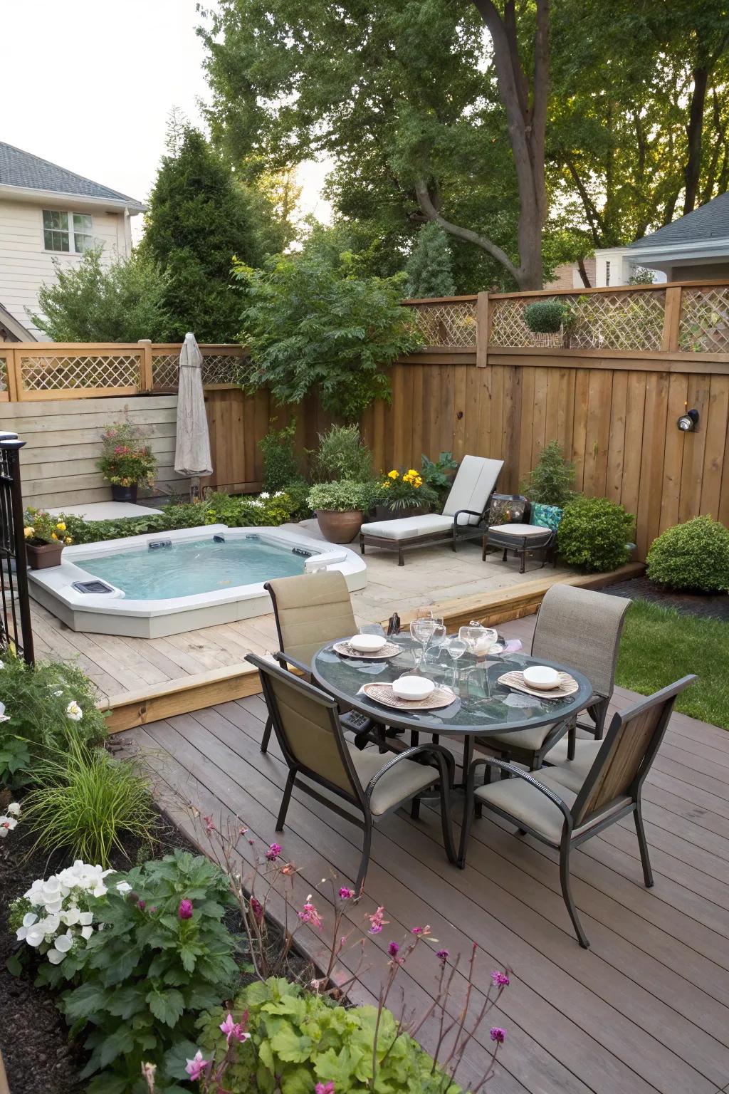 An adaptable deck transforms the pool space into a multipurpose area for unwinding and dining.