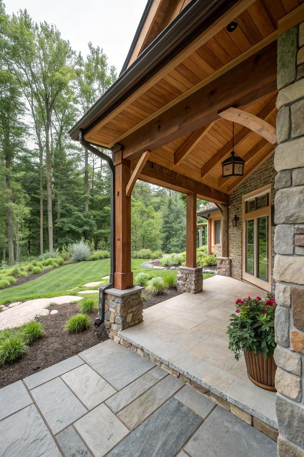 A porch expansion using wood and stone elements to harmonize with nature.