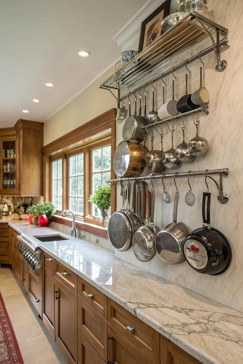 Wall-mounted fixtures highlight your pots and pans while freeing up cabinet space.