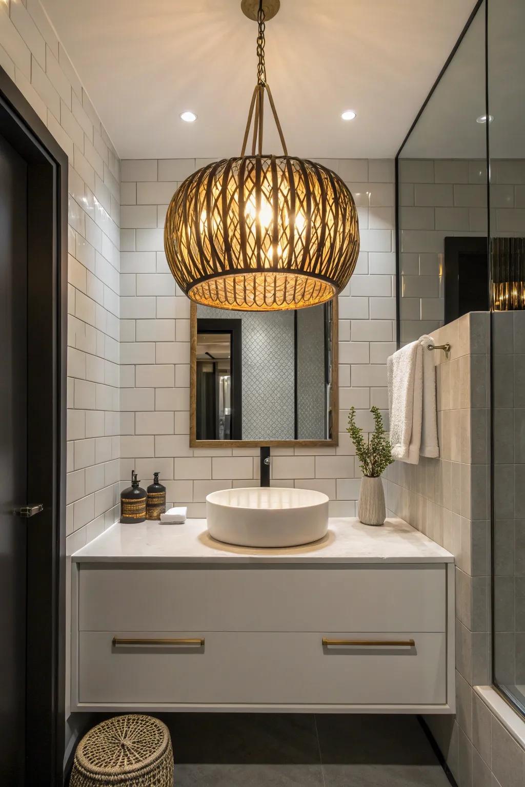 A pendant lamp acts as a stylish central feature in a contemporary powder room.