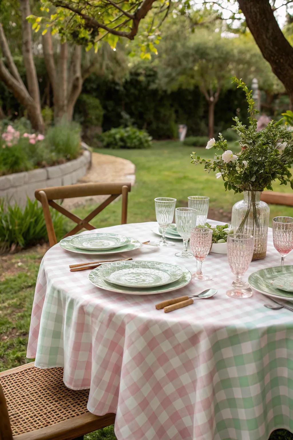 A refined dining arrangement showcasing delicate gingham for a vintage sophisticated atmosphere.