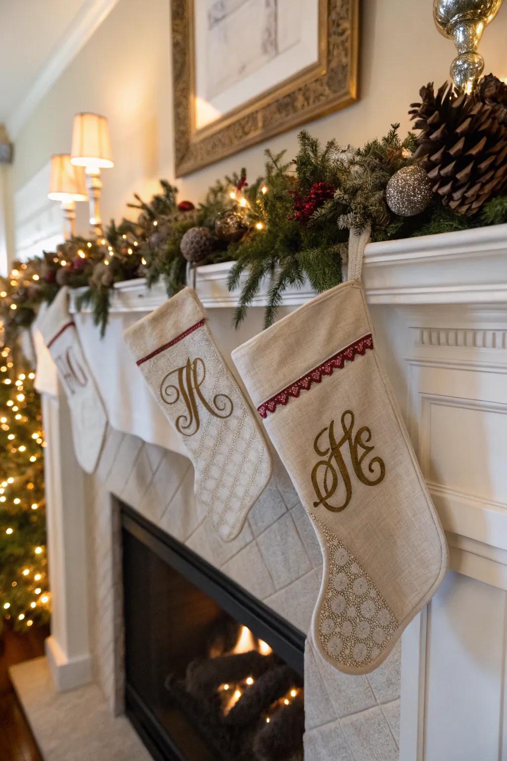 Inscribed hosiery add an intimate element to the festive mantel.