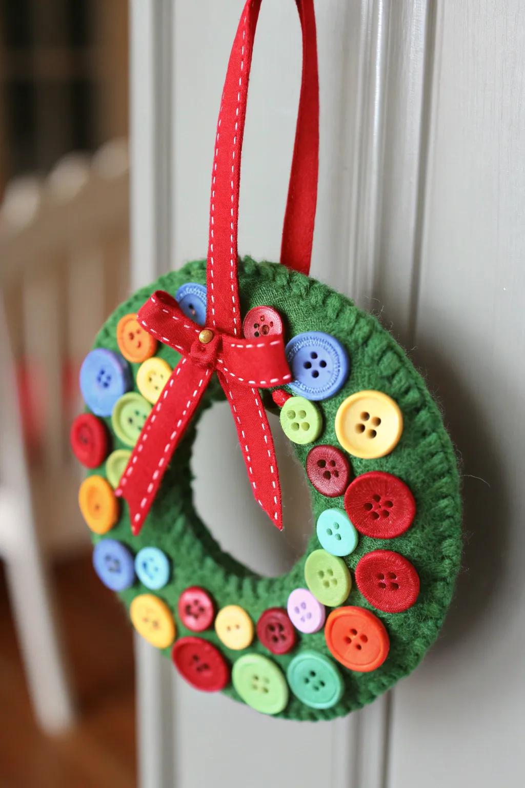 A bright button wreath ornament, ideal for bringing color to any Christmas tree.