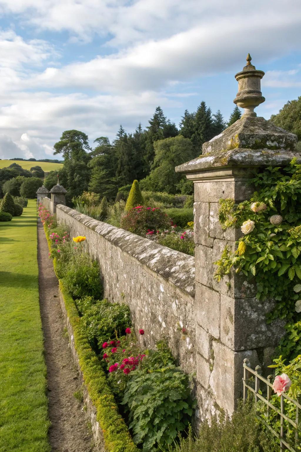 A countryside-style rock wall marking property borders.