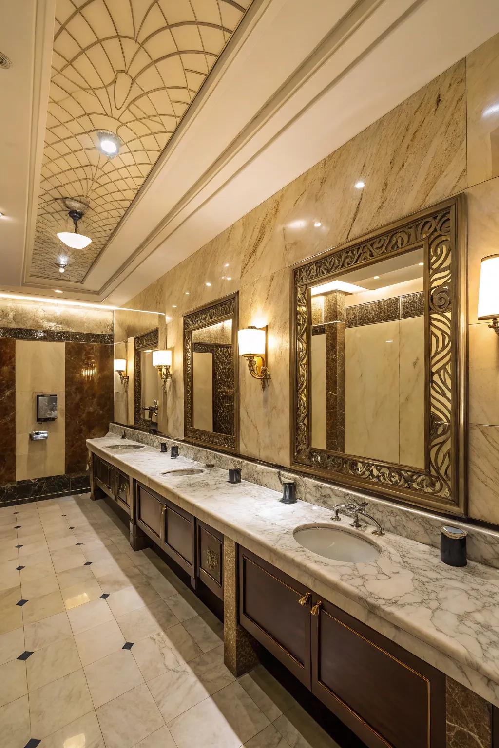 Opulent accents in a communal restroom deliver a sophisticated ambiance.