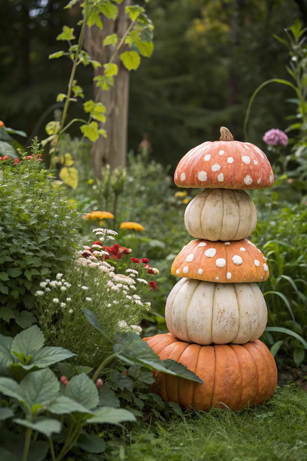 Enchanting toadstool pumpkins contributing a dash of wonder to the garden.