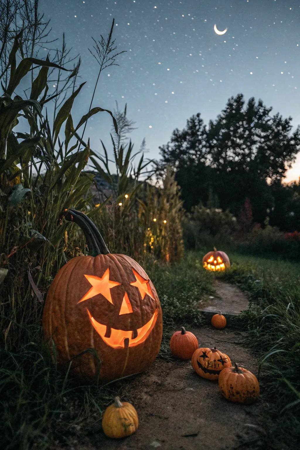 Playful, starry-eyed pumpkin casting a magical glow on your space.