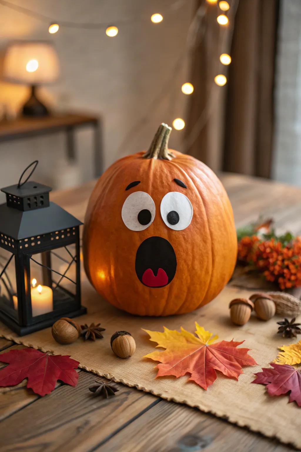 A pumpkin with a comically surprised expression.