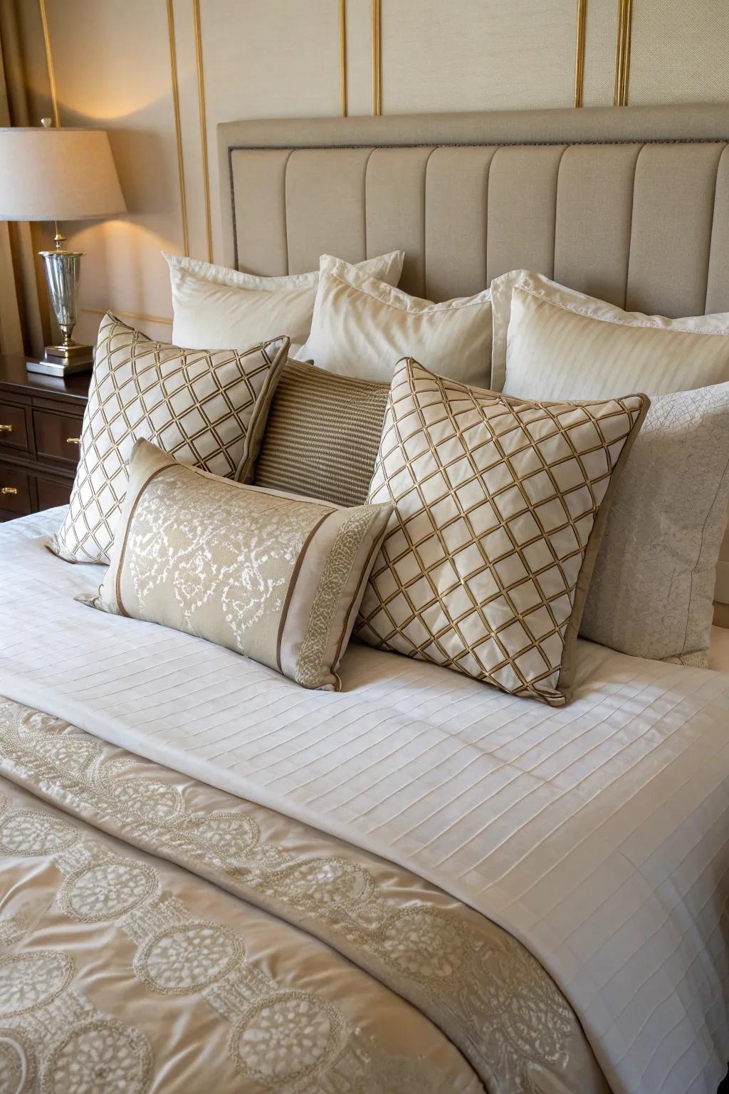 Tiered pillows impart depth and refinement to a queen bed.