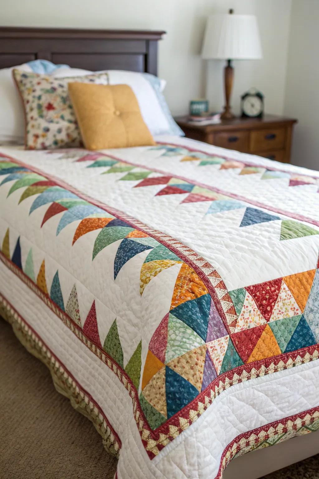 Pyramid trim generates an appealing three-dimensional effect on quilt perimeters.