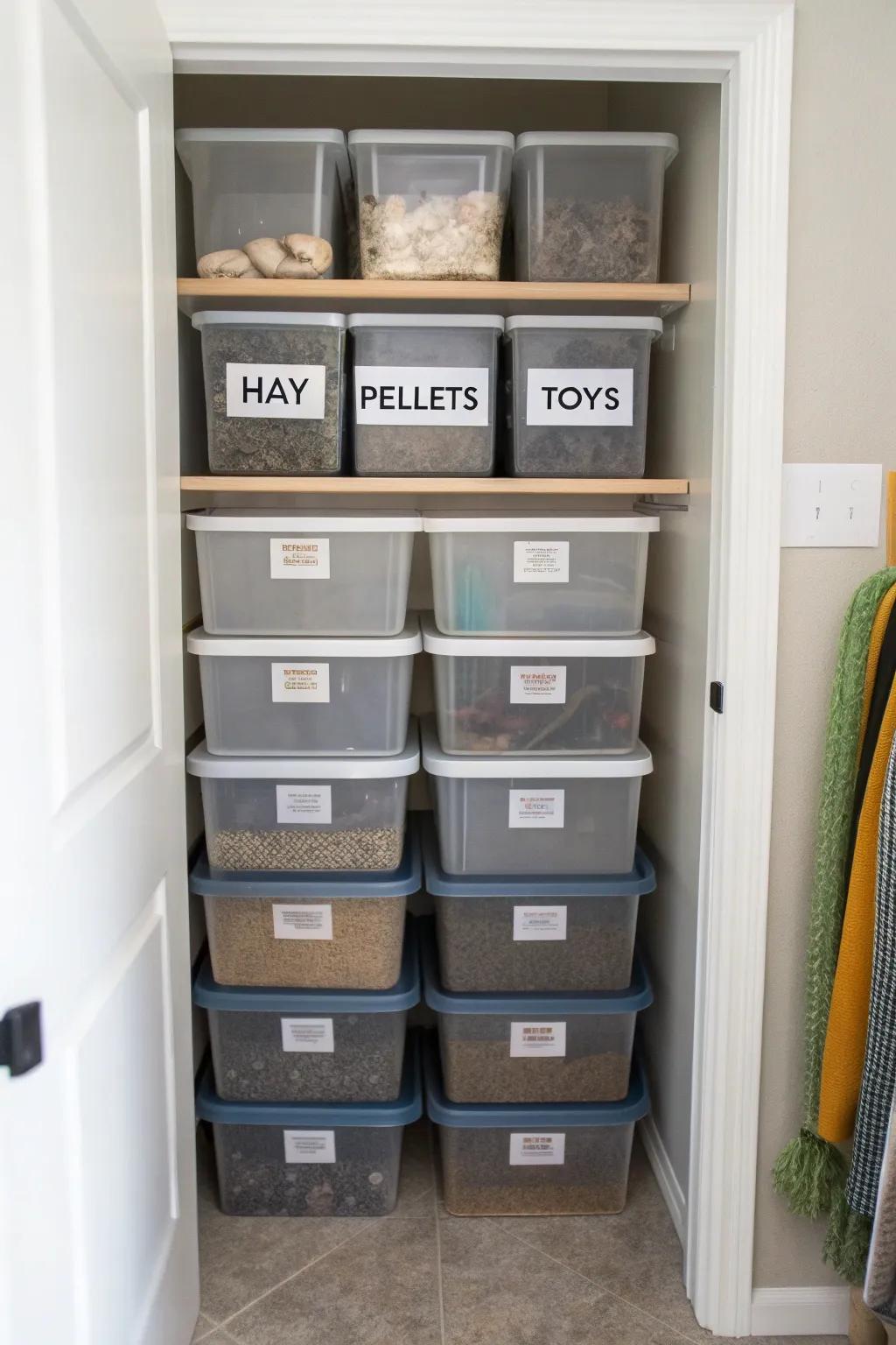 A stack of labeled bins keeps everything easy to find.