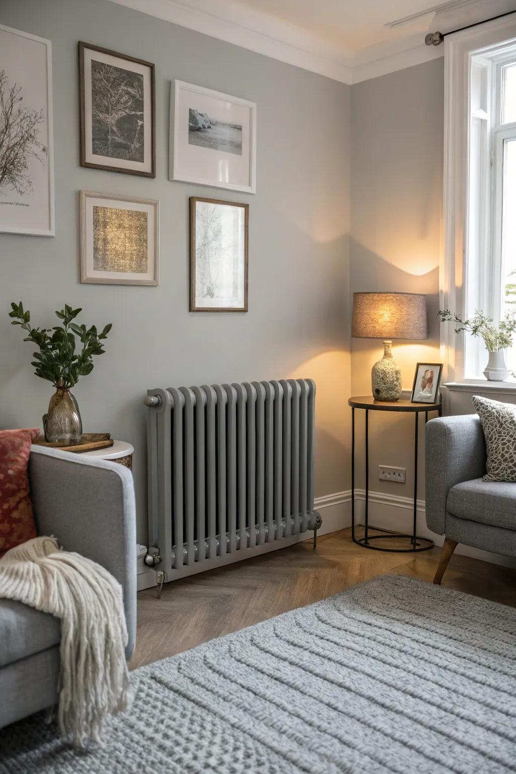 Delicate gray radiators bring understated refinement.