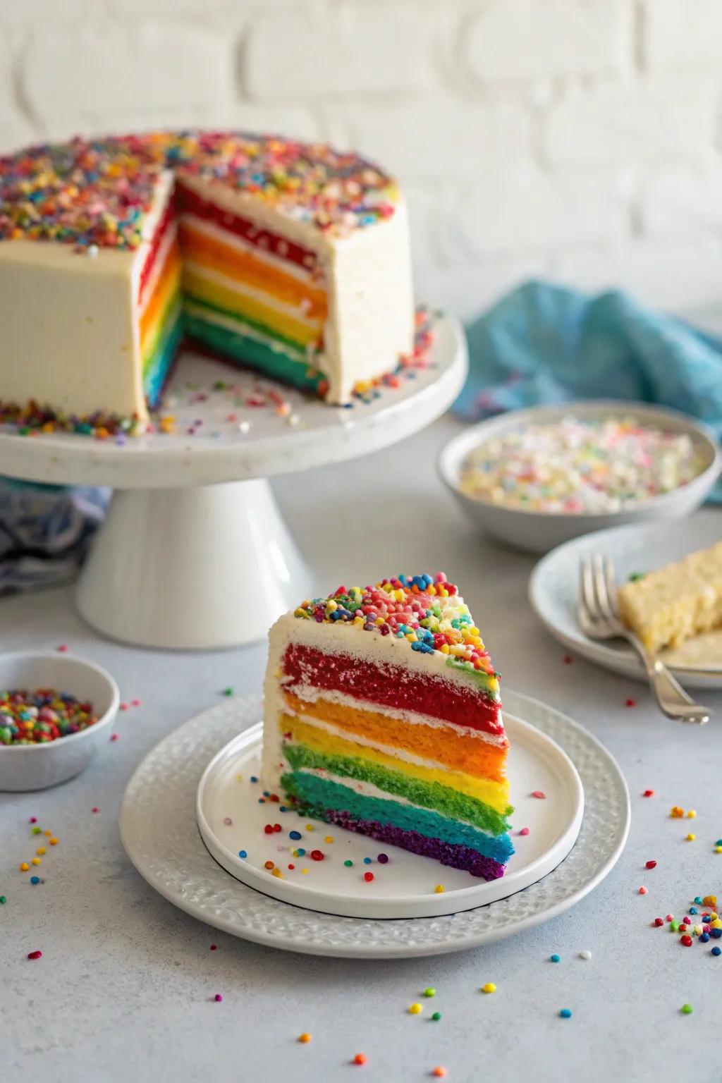A mouthwatering spectral layered dessert with vivid layers and sprinkles.