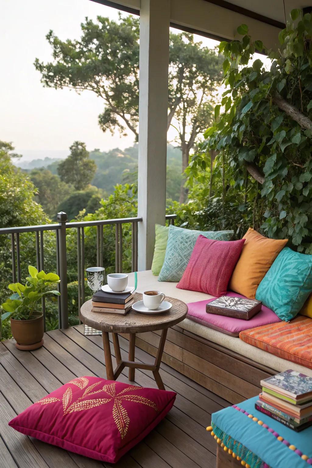Convert your deck into a snug haven with soft, inviting decor.