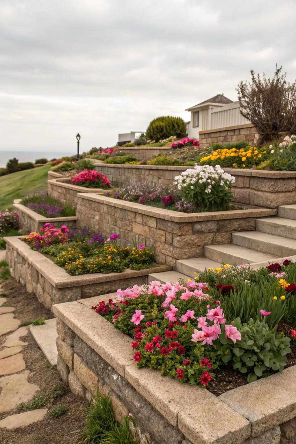 Terraced rock beds offer a remarkable focal point.