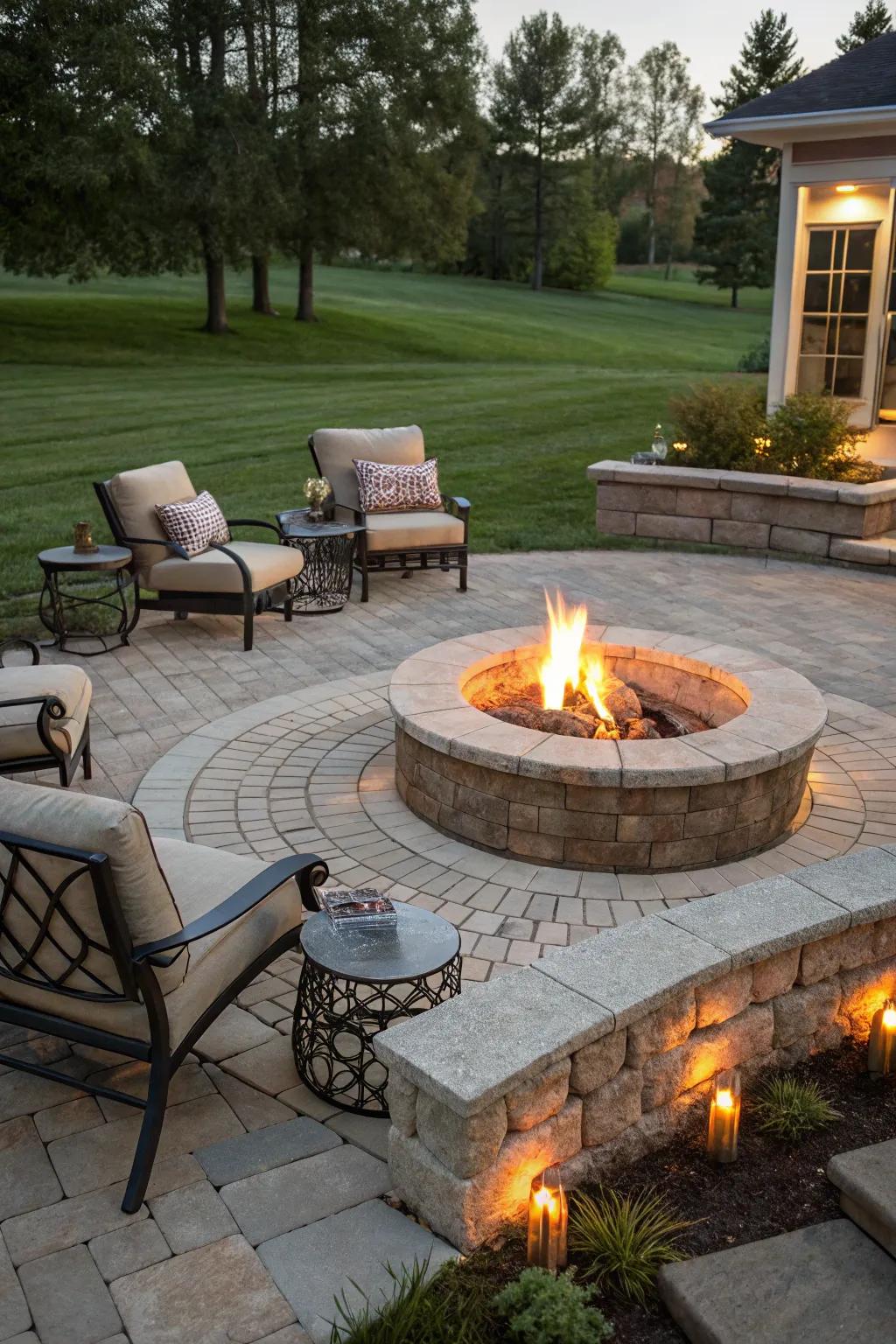 A welcoming fire pit makes the patio a beloved spot all year round.