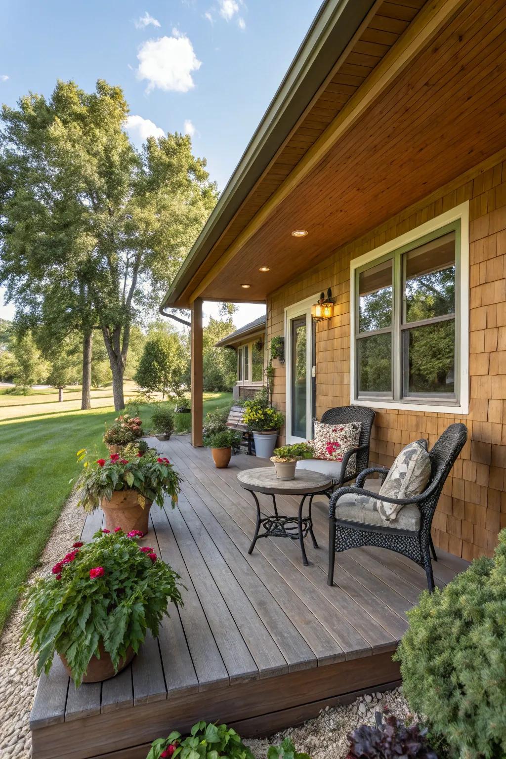 An inviting front porch featuring natural wood elements and comfortable seating.
