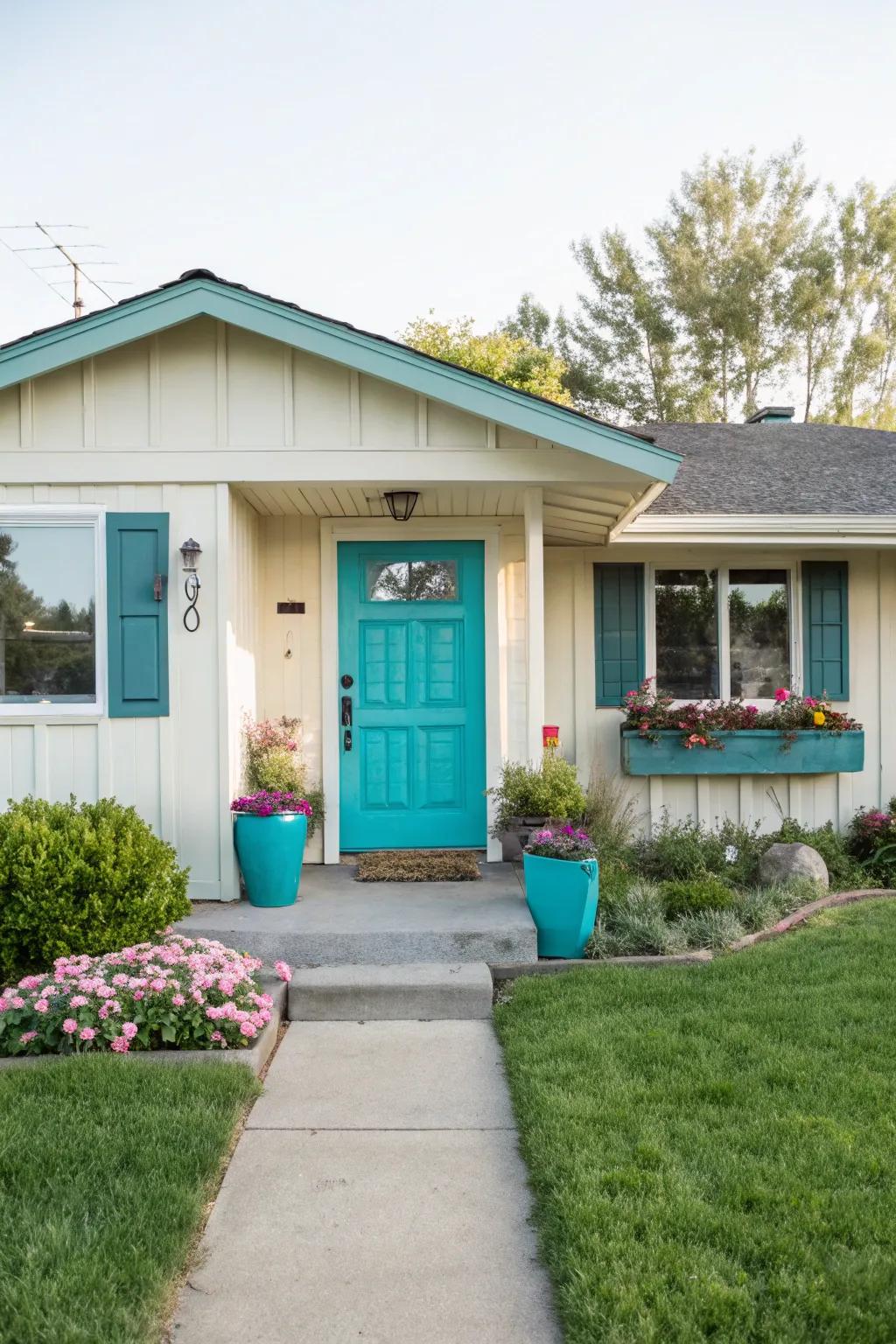 A turquoise front door infuses vibrancy and character into this ranch-style home.