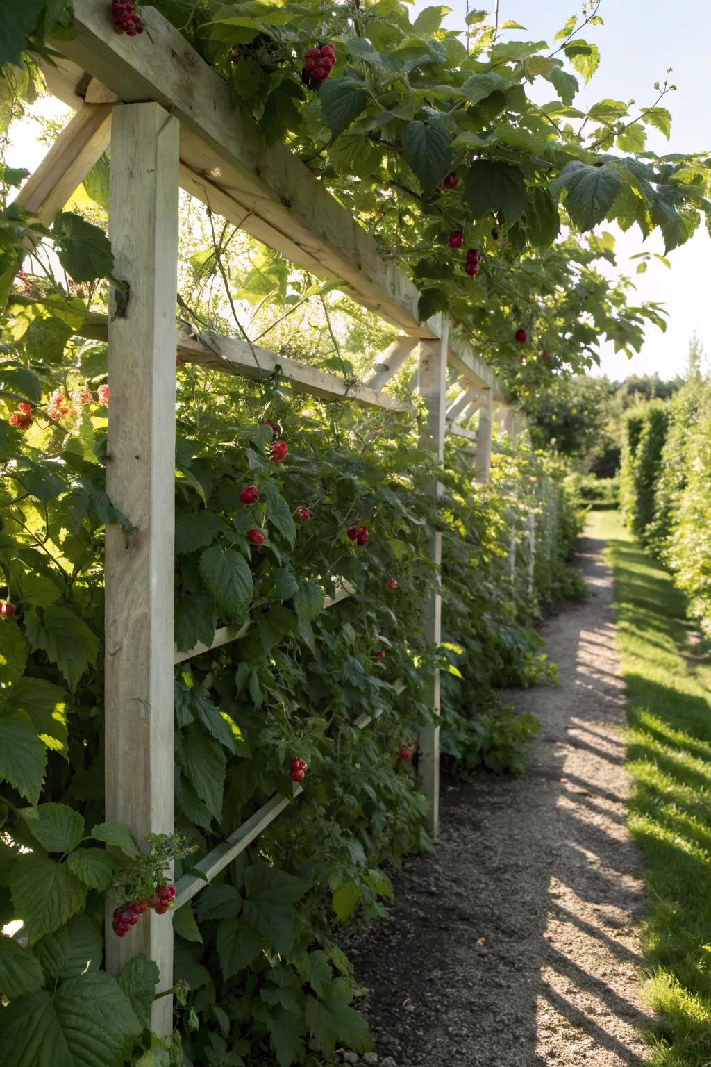 An H-shaped trellis delivers sturdy support for growing raspberry stalks.