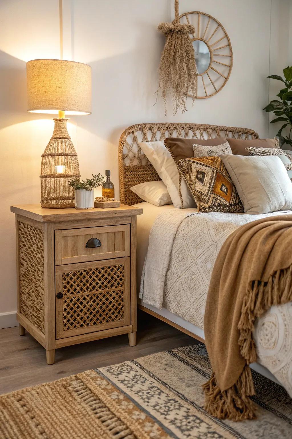 A rattan nightstand complements the bedroom's inherent appeal.
