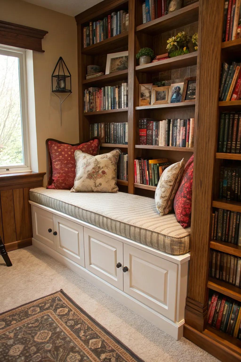 A reading corner enhanced with secret storage for books and necessities.
