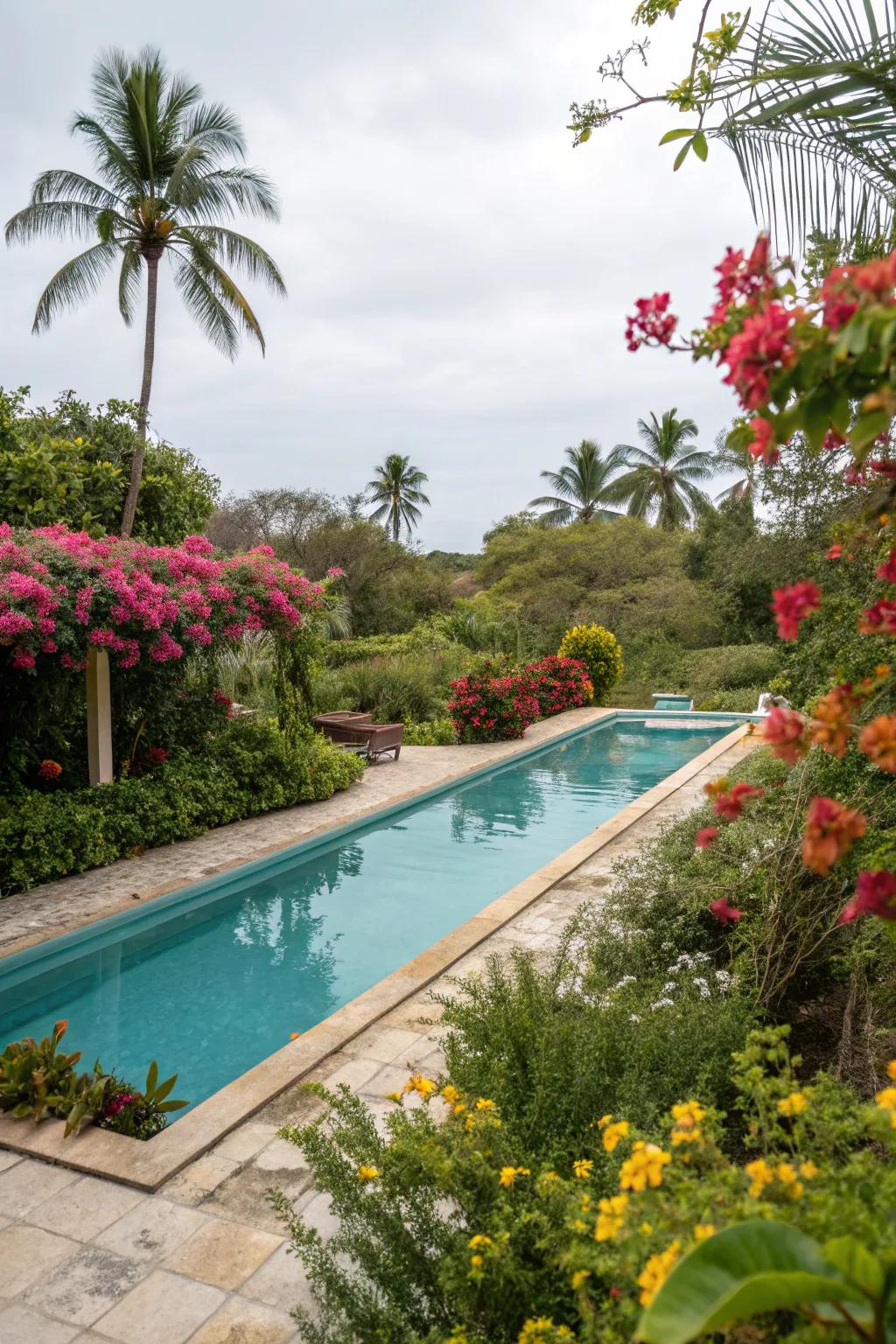 Energetic greenery fashion a quiet getaway surrounding the pool.