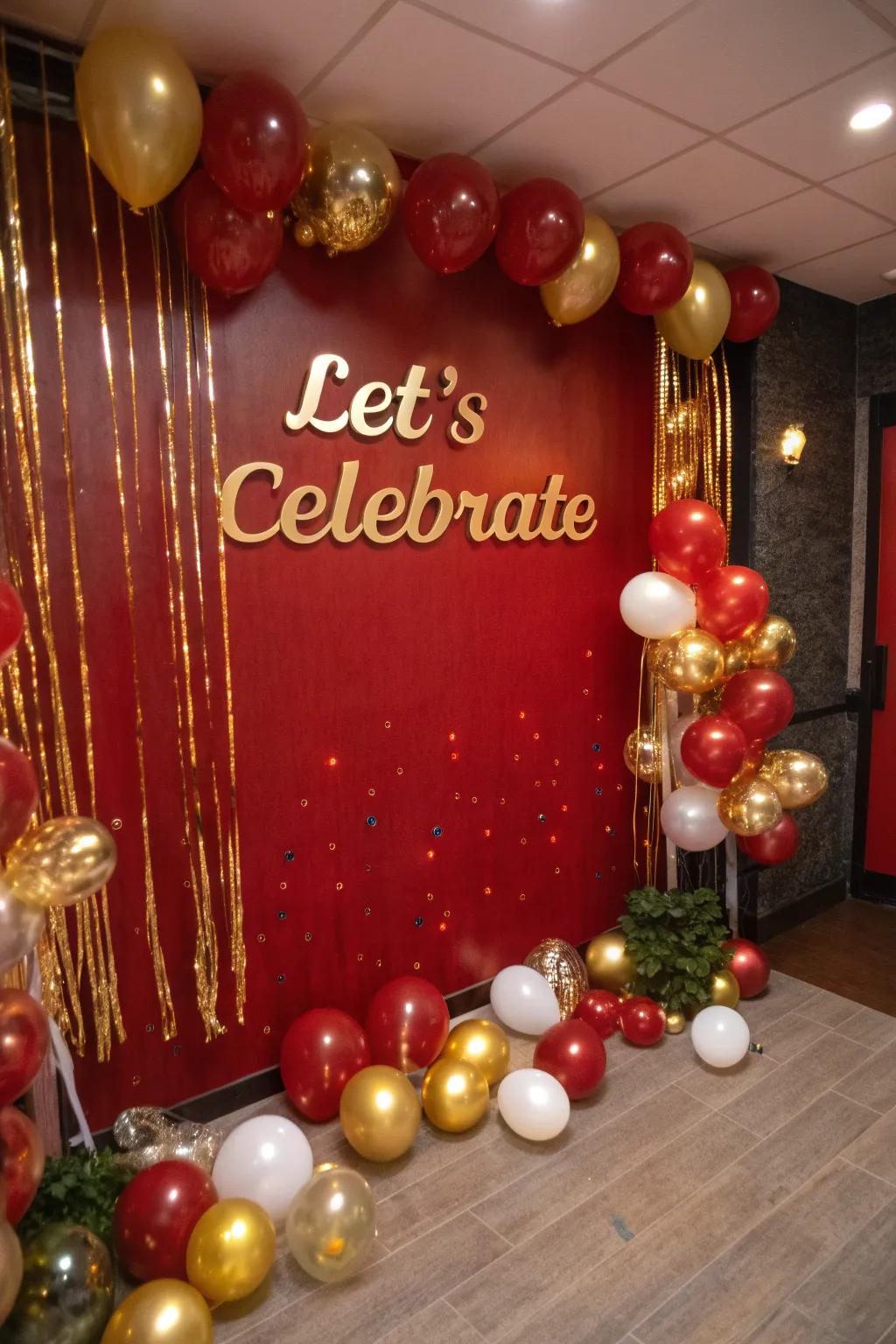 A thematic background featuring gilded letters incorporates refinement into the celebration.