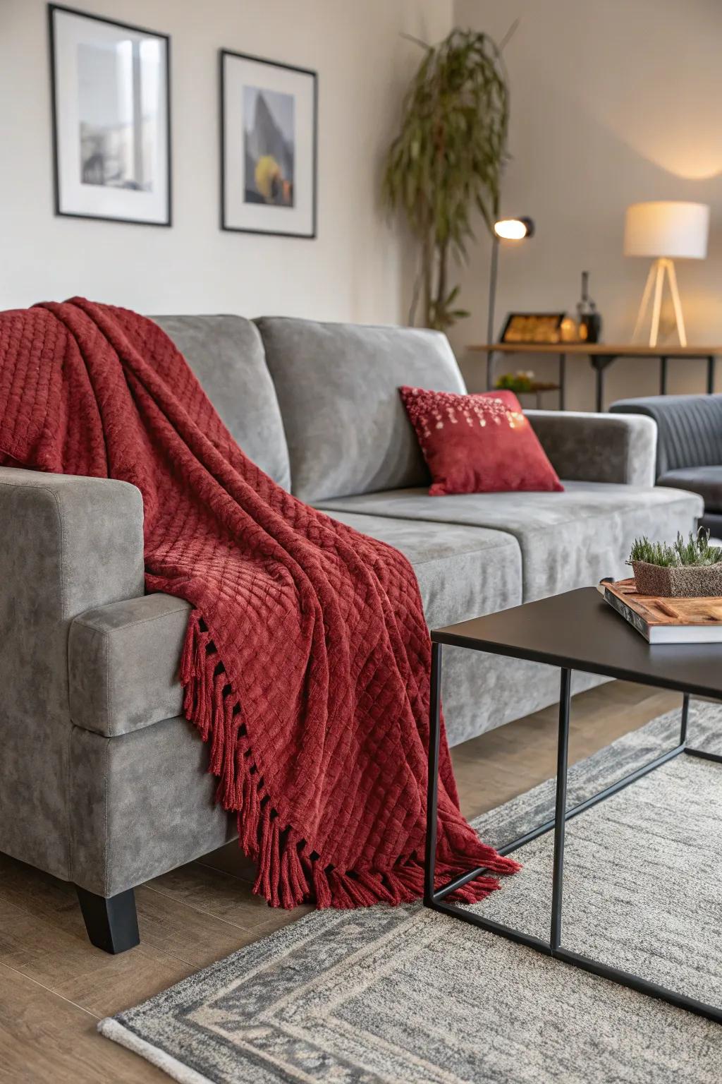 Textures impart a sense of opulence to this crimson and charcoal themed lounge.