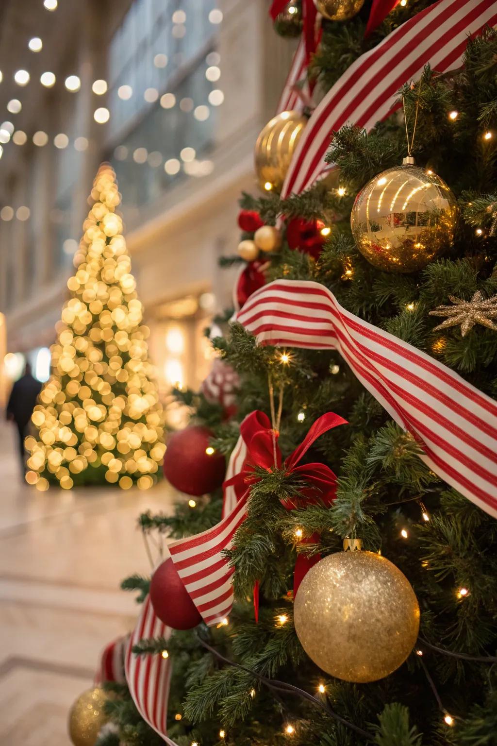 Playful streamers bring a whimsical aspect to a scarlet, ivory, and gilded tree.