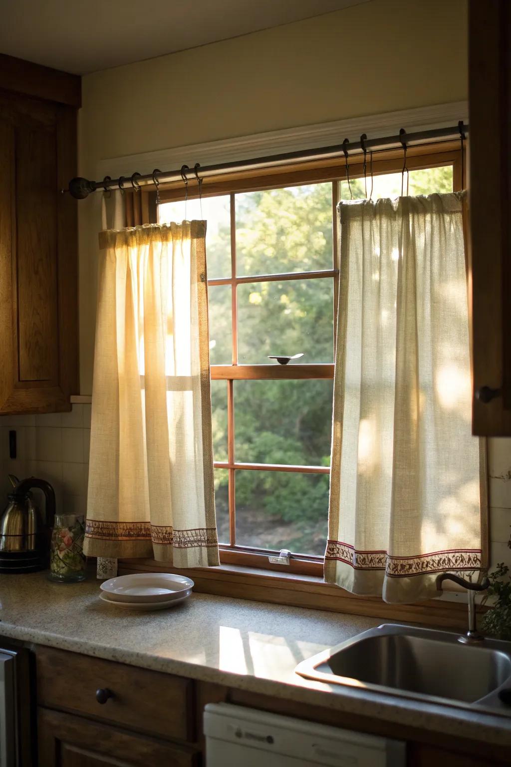 Delightful bistro curtains hung with a spring rod for a drill-free solution.