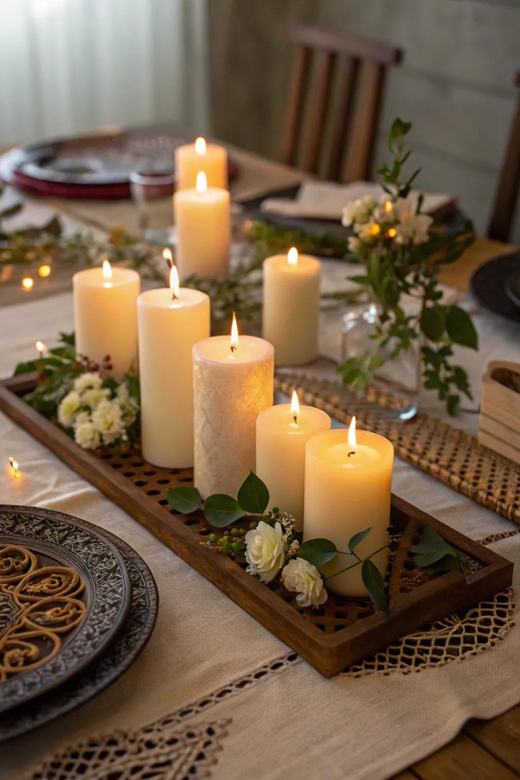 A peaceful table arrangement illuminated by candlelight.