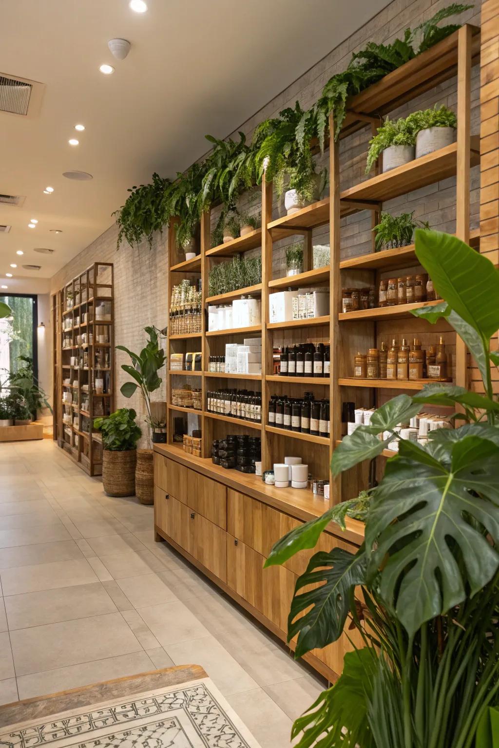 Natural elements like wood and greenery introduce a peaceful touch to store environments.