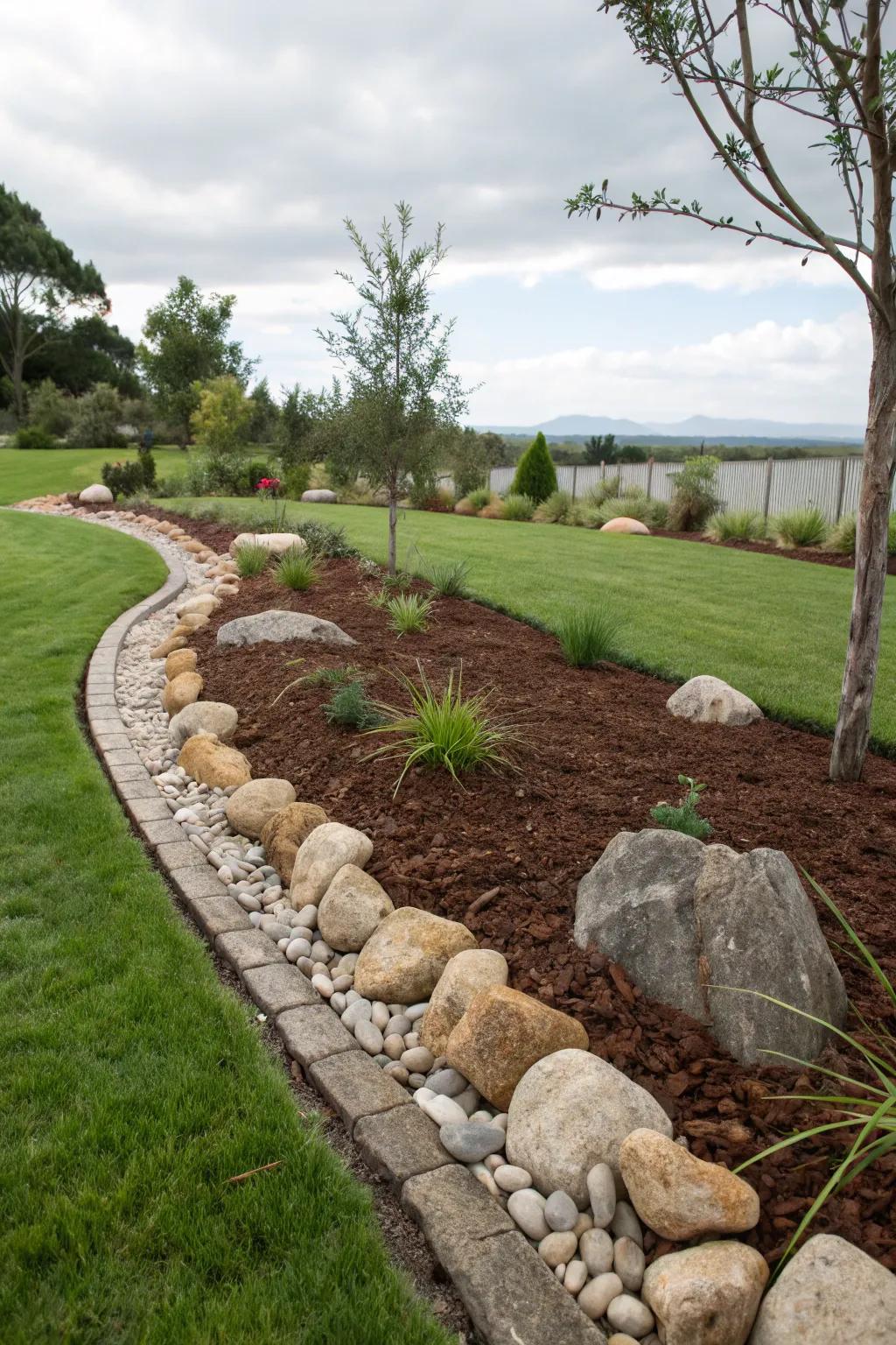 Clearly defined borders with stones provide a neat, polished aesthetic.