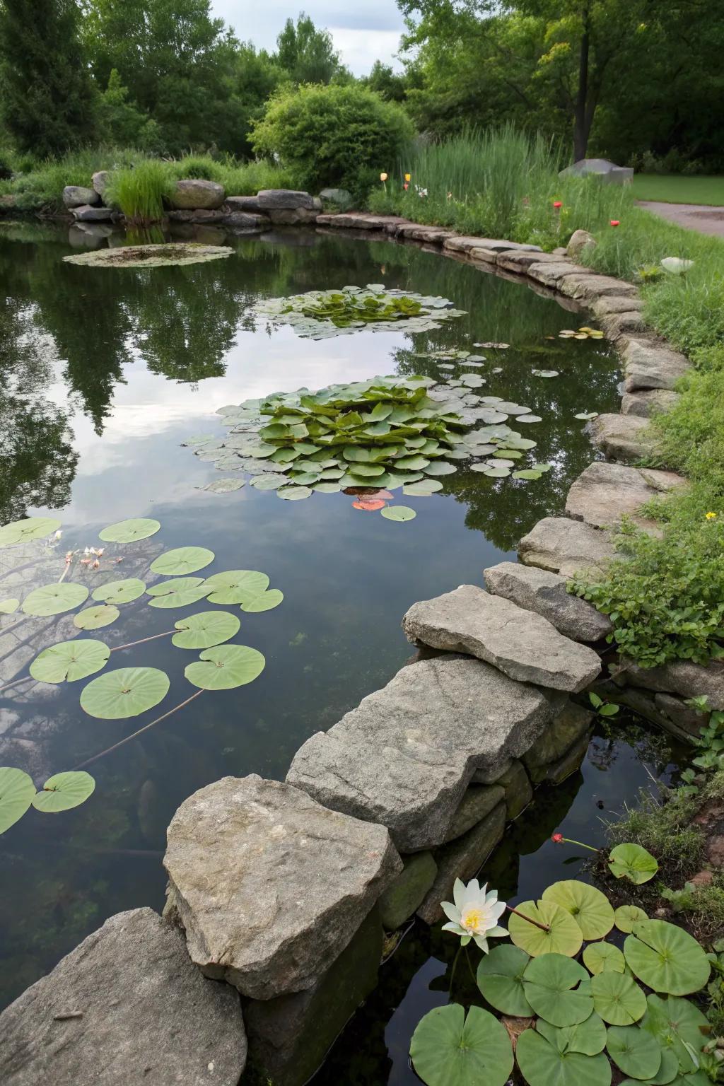 A serene stone-edged pond featuring lily pads and delicate undulations.