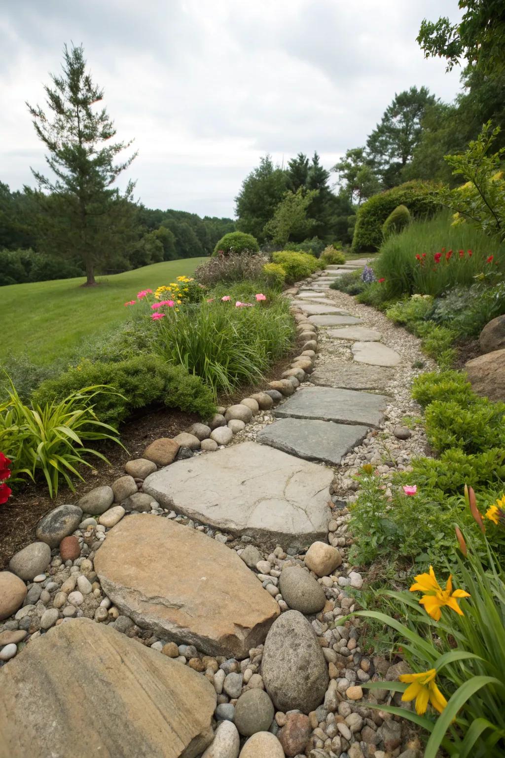A harmonious blend of large stones and pebbles enriches the garden path.