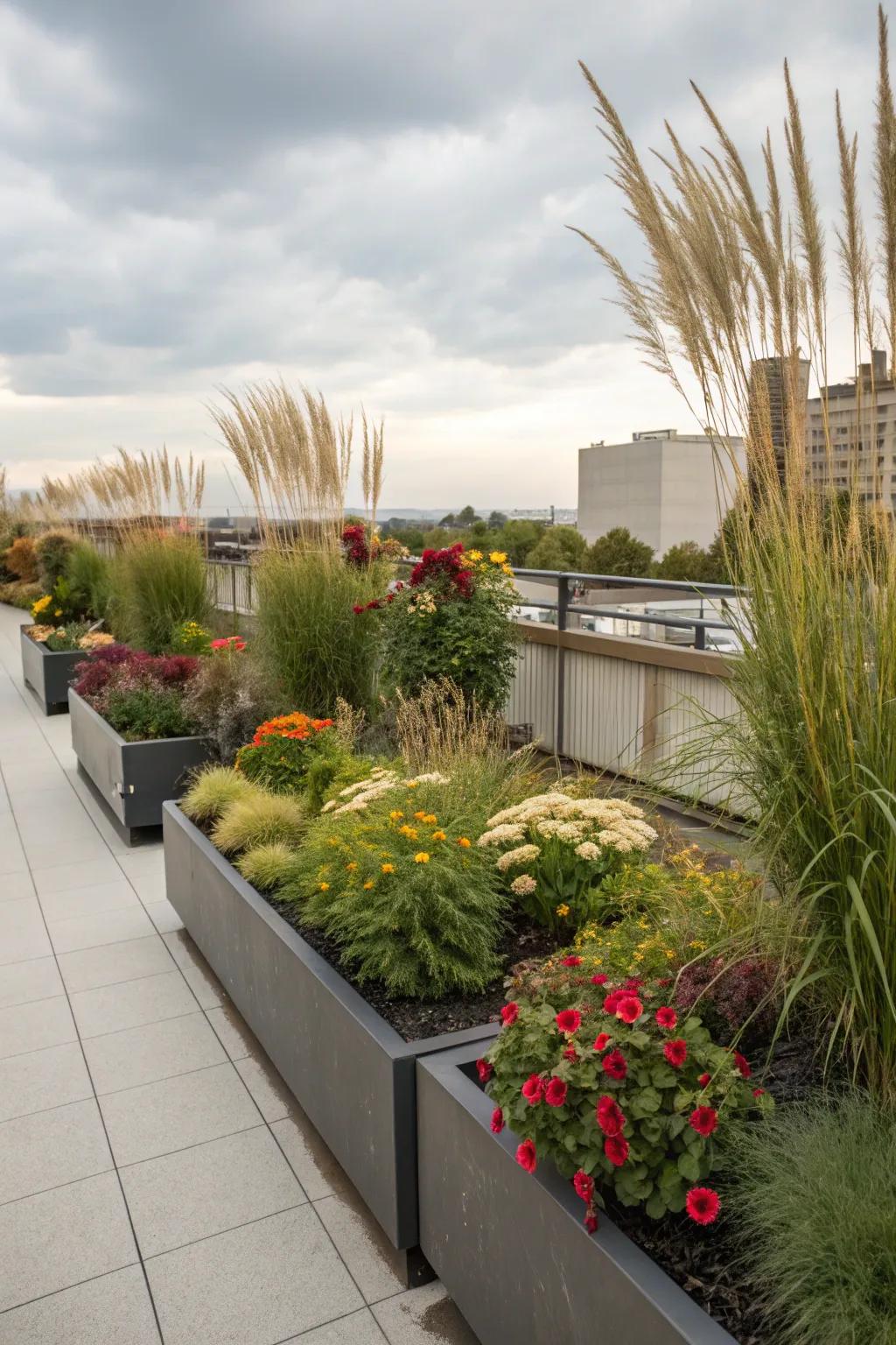 Plant boxes introduce a natural essence to your urban rooftop sanctuary.