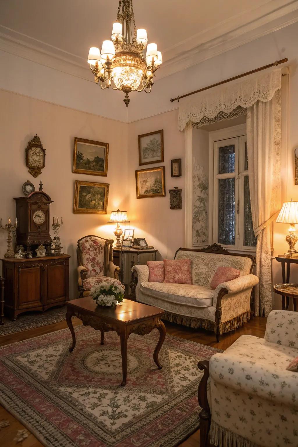 A living room featuring historically romantic tones and vintage charm.